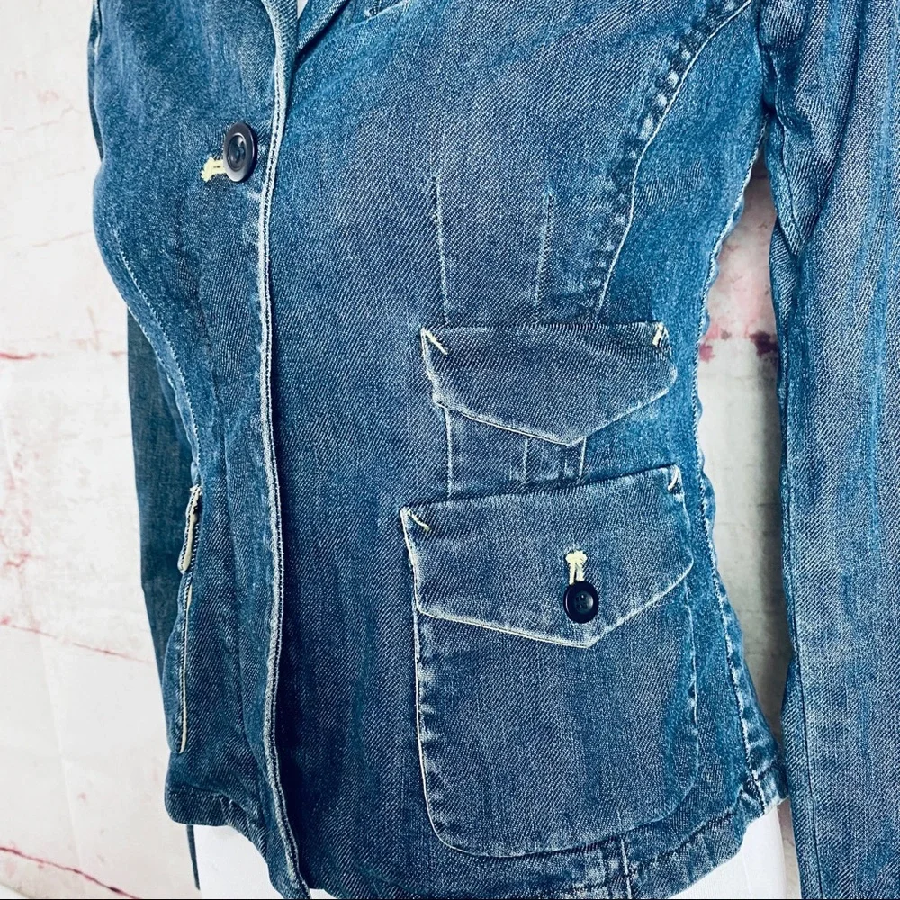 Louie Women Blue Denim Utility Blazer Jacket Size 4 Single Button‎ Flap Pockets